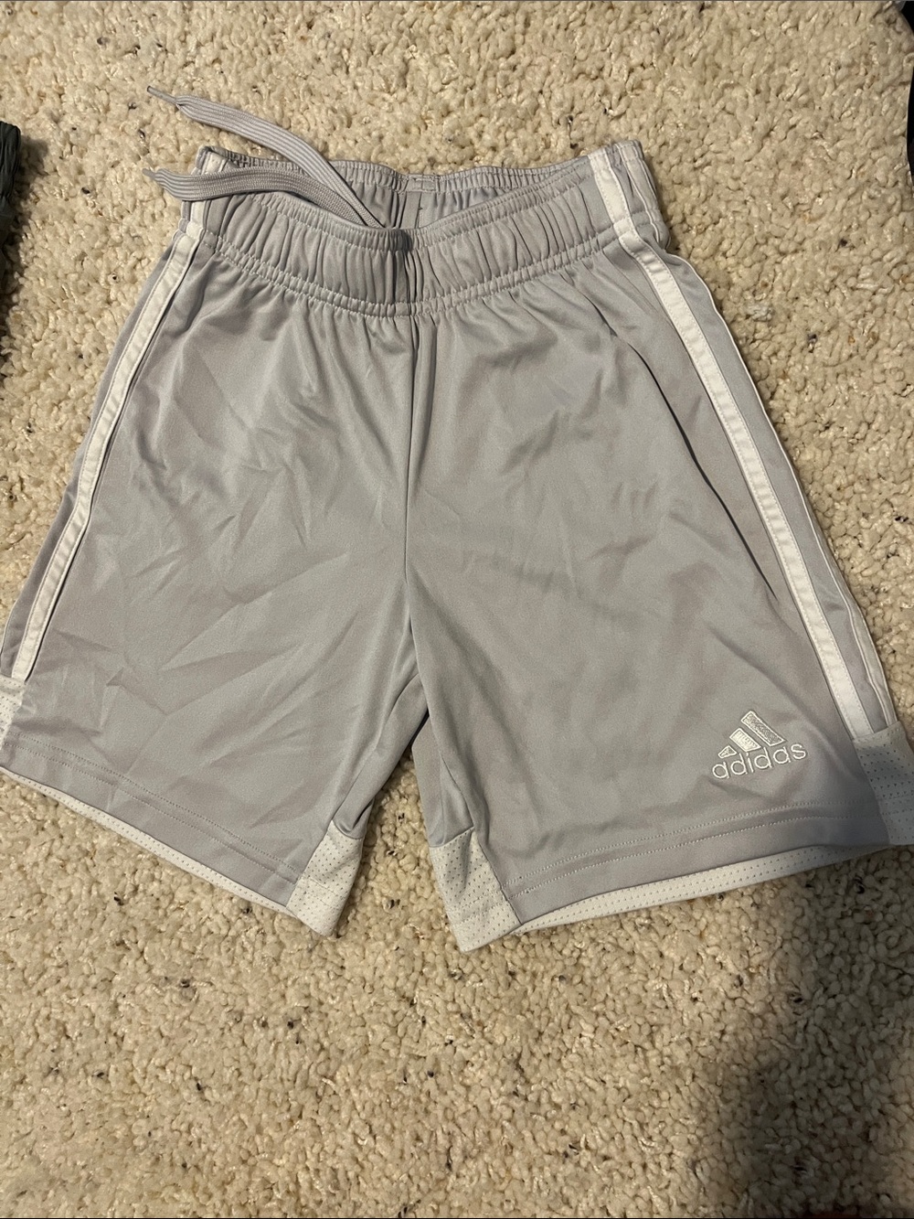 adidas Light Gray Kids Athletic Shorts with White Stripes